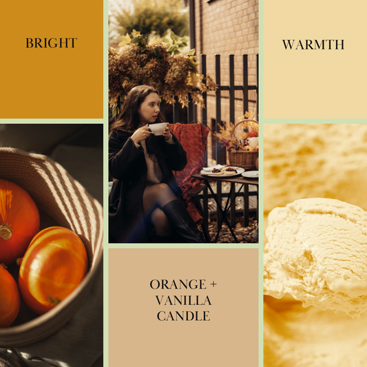 Orange and vanilla luxury candle in a glass jar with gold lid