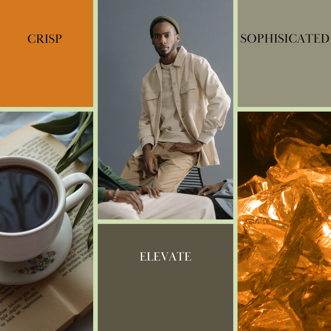 Roll-on body oil, ELEVATE scent mood board with styled person and warm gold foil
