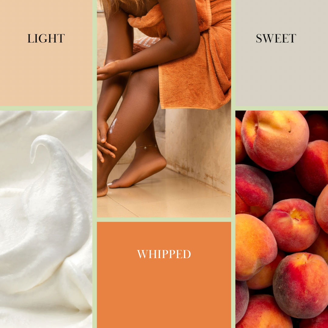 Roll-on body oil, WHIPPED scent mood board with soft white cream texture
