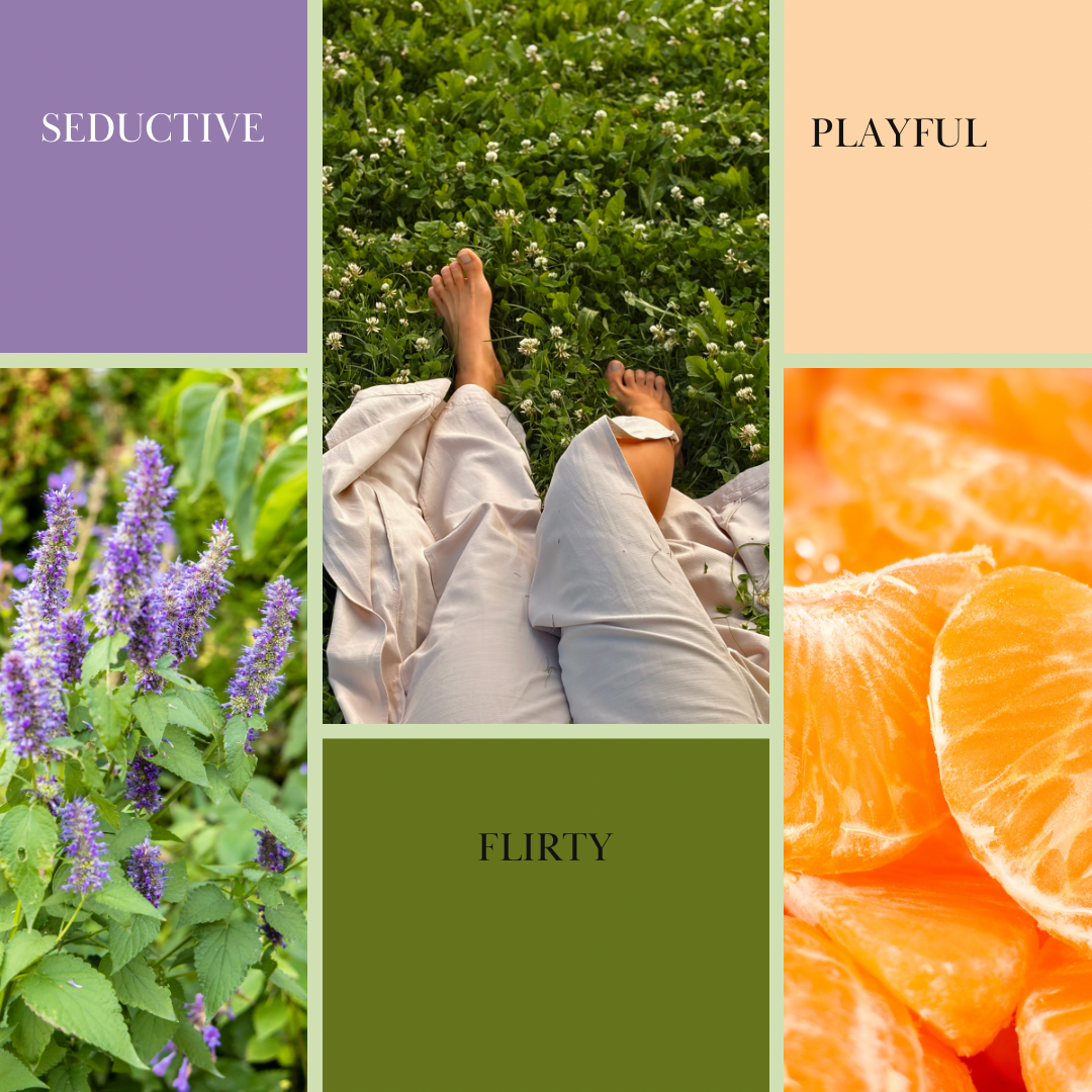 Roll-on body oil, FLIRTY scent mood board with green outdoor grass scene