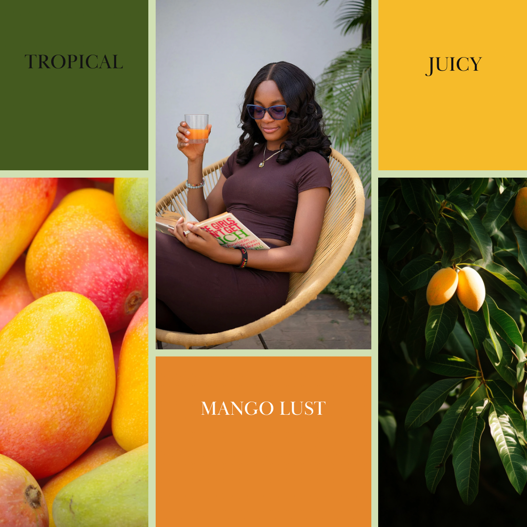 Roll-on body oil, MANGO LUST scent mood board with mango fruit and citrus drink