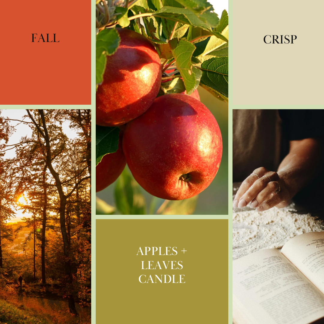 Apples and leaves soy candle theme collage with autumn apples and crisp fall scenes