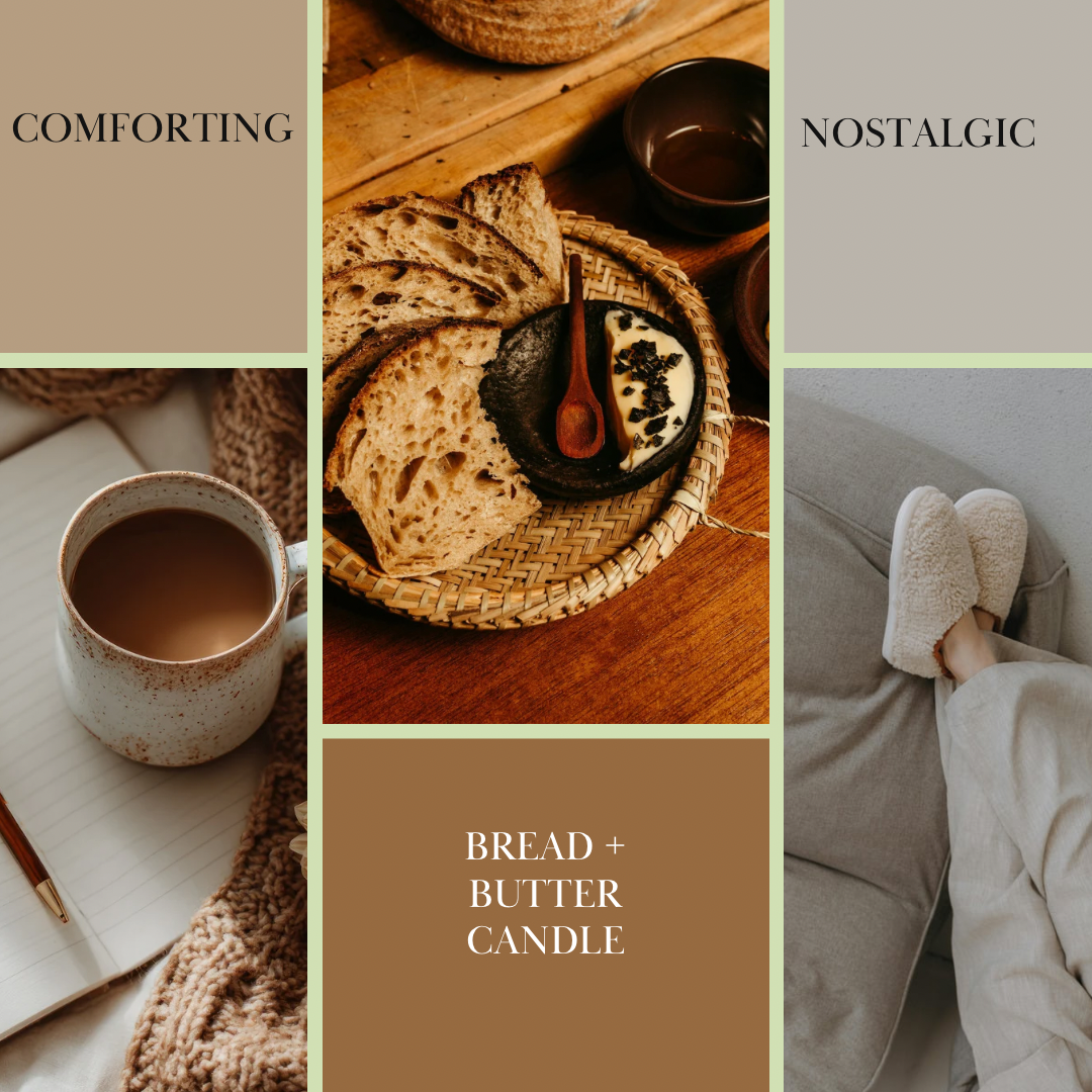 Collage of bread, butter, candle, and cozy bedroom scene with text 'Comforting', 'Nostalgic', and 'Bread + Butter Candle'.