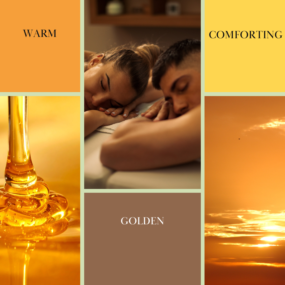 Roll-on body oil, GOLDEN scent mood board with golden oil and sunset light