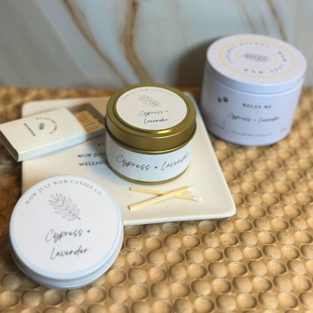 Cypress and Lavender candle set with packaging on a textured surface