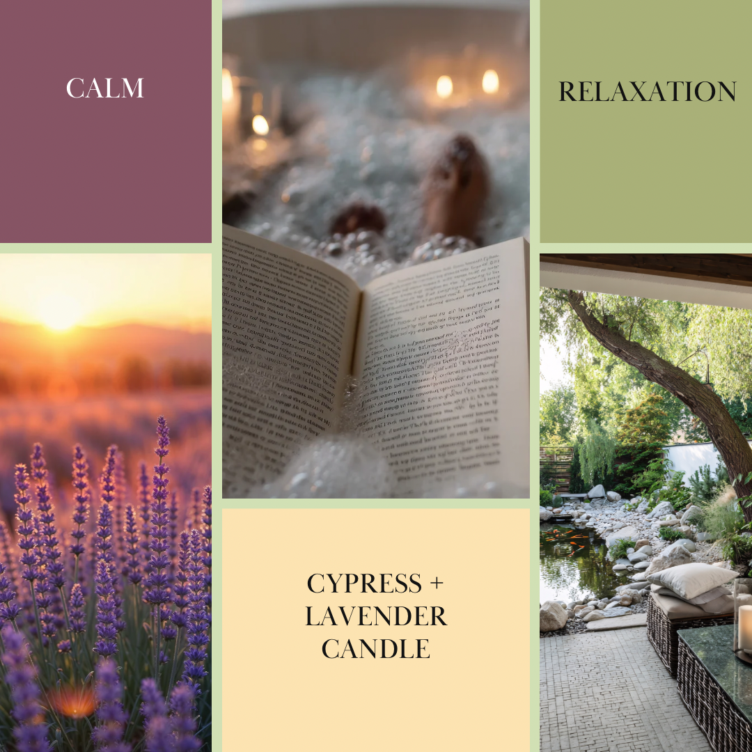 Collage of relaxing activities and scenes with text 'Calm', 'Relaxation', 'Cypress + Lavender Candle'.