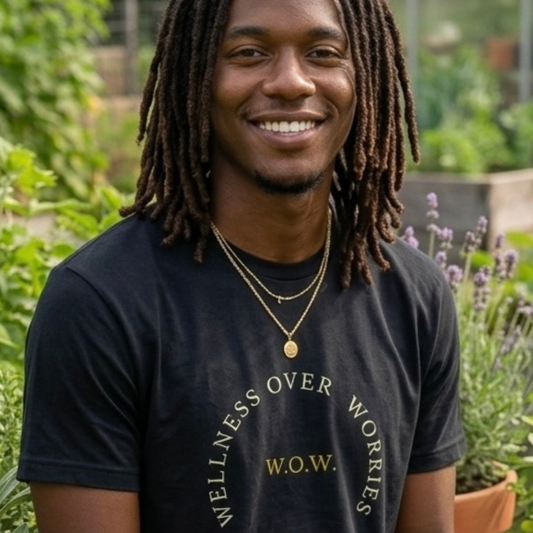 Black T-shirt with W.O.W. logo, crew neck, close-up on wearer.