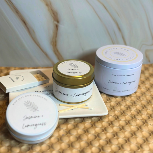Jasmine + Lemongrass: Jasmine and Lemongrass wellness candle for an uplifting and floral atmosphere.