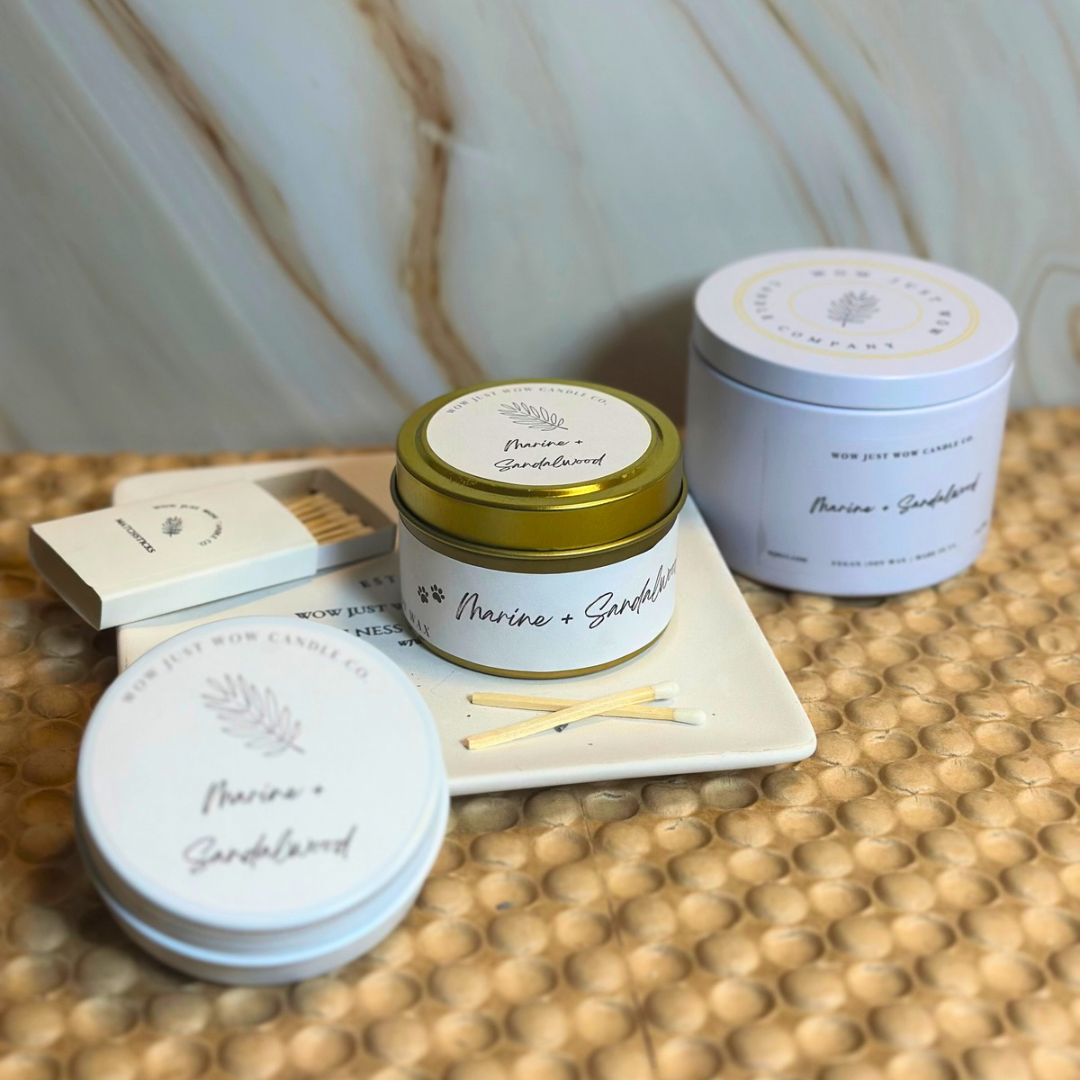 Marine + Sandalwood: Marine and Sandalwood soy candle in a minimalist TIN jar for a fresh, coastal scent.