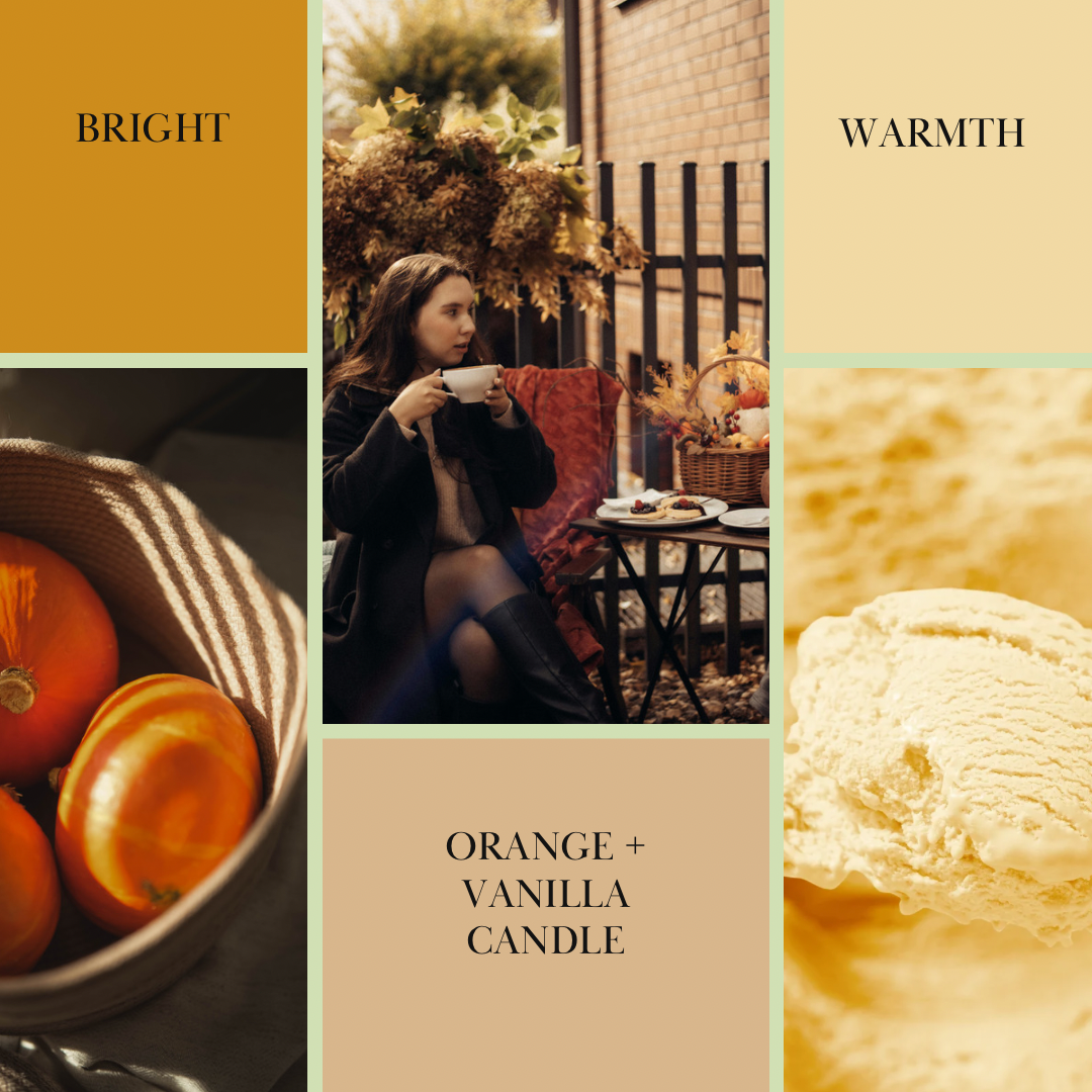 Collage of images with warm tones featuring a woman, pumpkins, and ice cream.