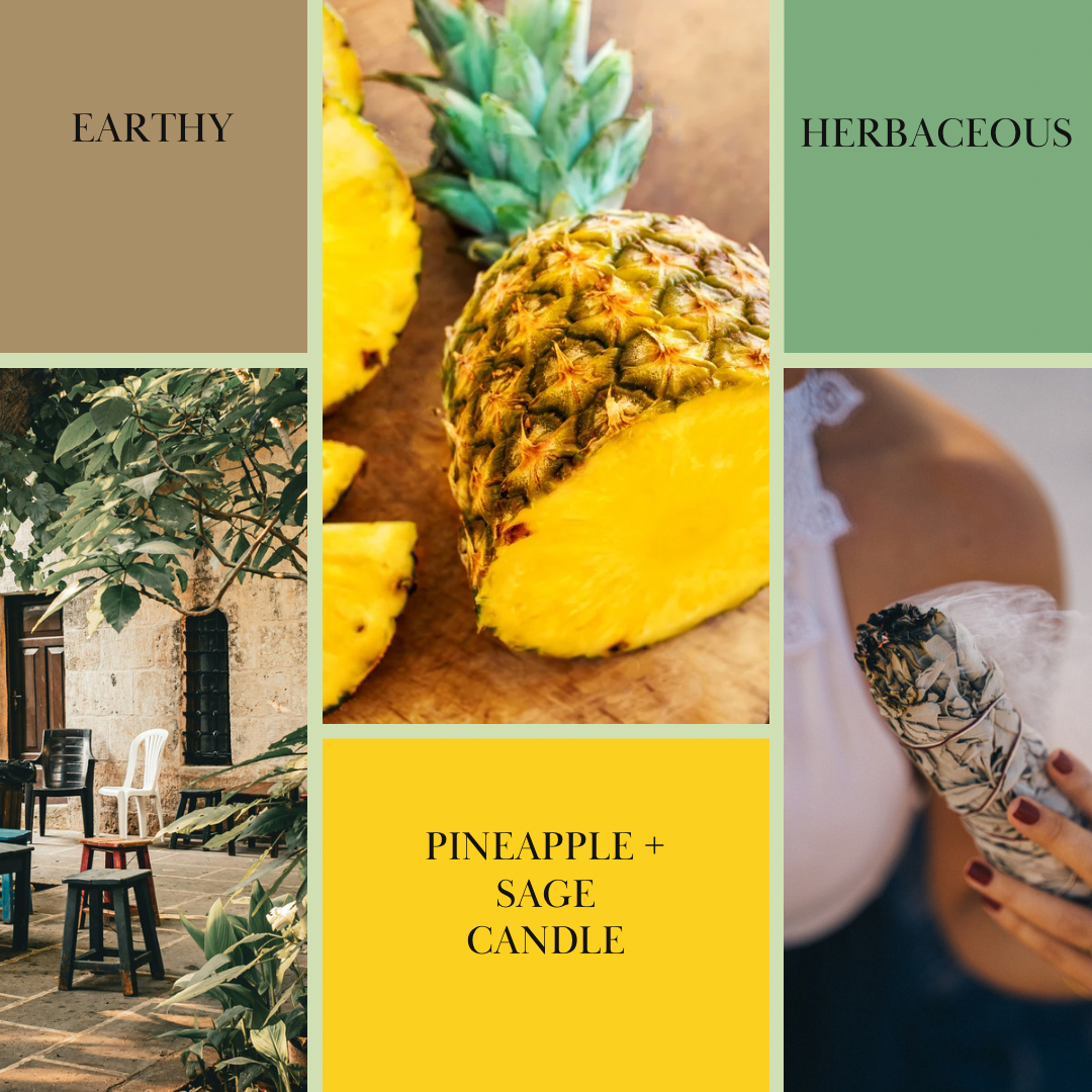 Collage of images featuring pineapples with text labels 'Earthy', 'Herbaceous', and 'Pineapple + Sage Candle'.