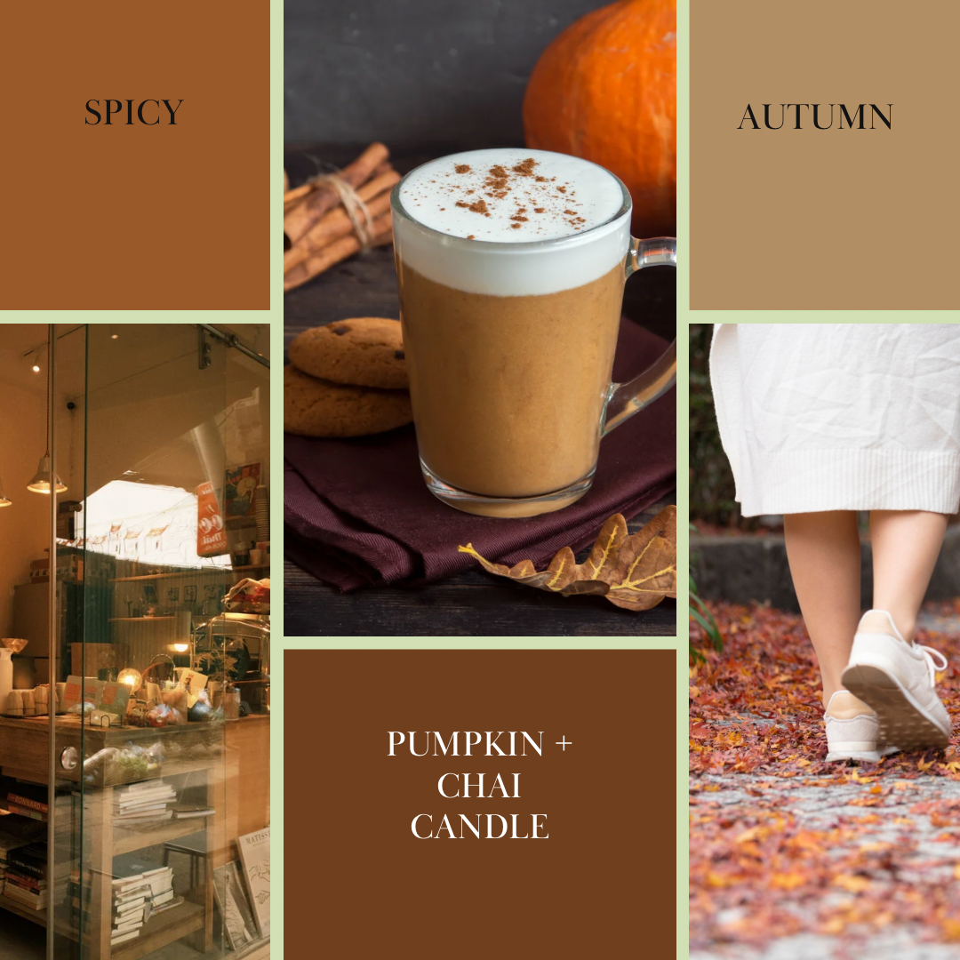 Collage of autumn-themed images including a pumpkin spice latte, fall leaves, and a cozy interior.