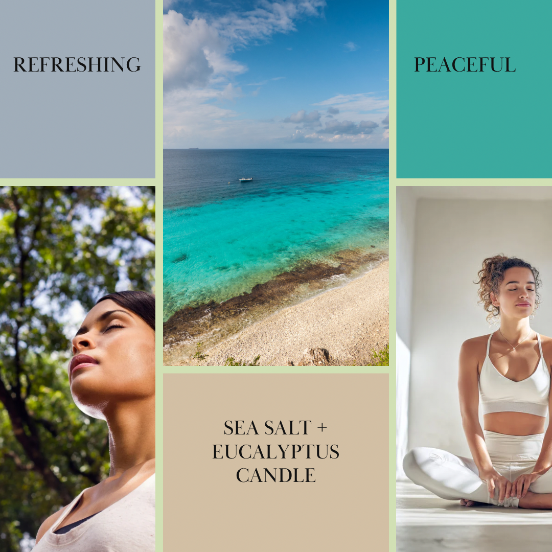 Collage of a woman by trees, beach, and woman meditating with text 'Refreshing', 'Peaceful', and product name.