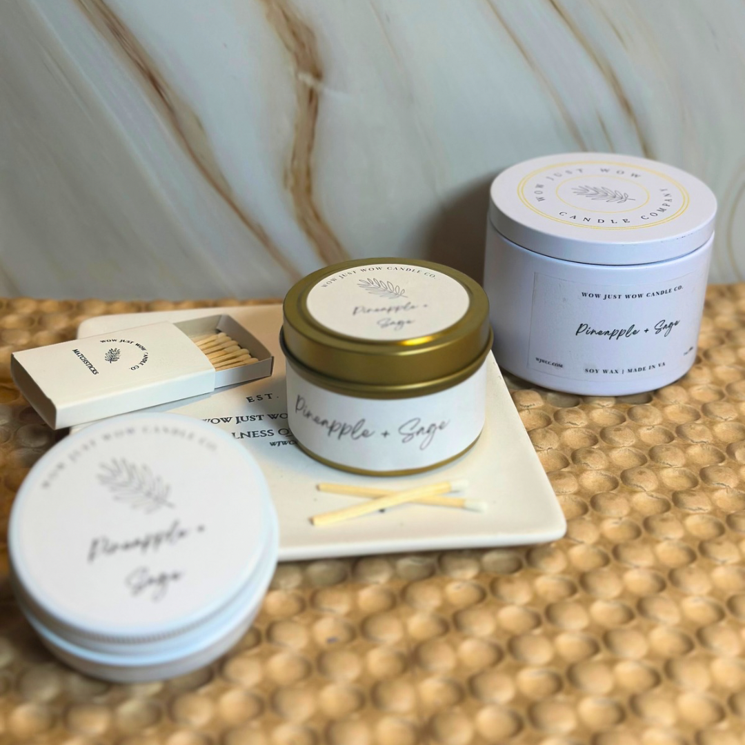 Pineapple + Sage: Tropical Pineapple and Sage soy candle for a unique and balanced tropical scent.