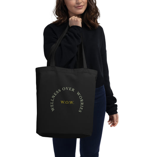 Black eco tote bag with centered W.O.W. logo and long shoulder handles
